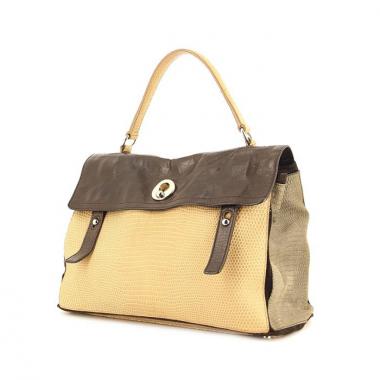 Borsa Muse Two modello grande in camoscio beige imitazione lucertola e pelle marrone