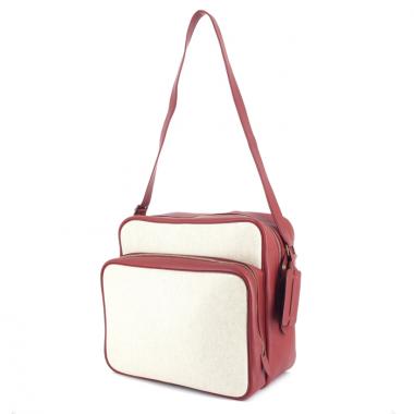 Bisaccia in tela beige e pelle rossa