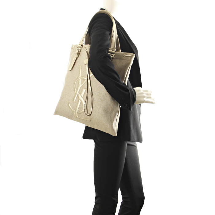 Yves Saint Laurent beige shopping bags canvas and gold leather - Detail D1