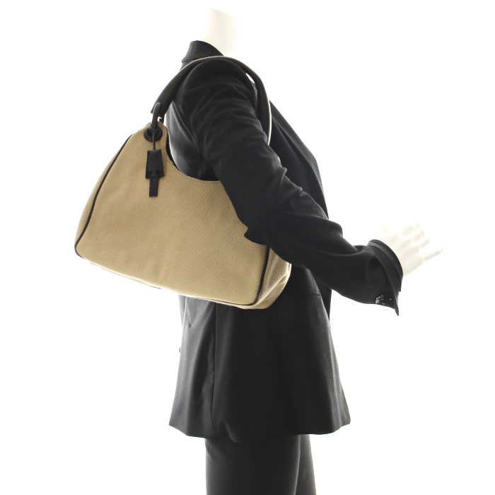 Sac à main Gucci en toile beige et bois - Detail D1