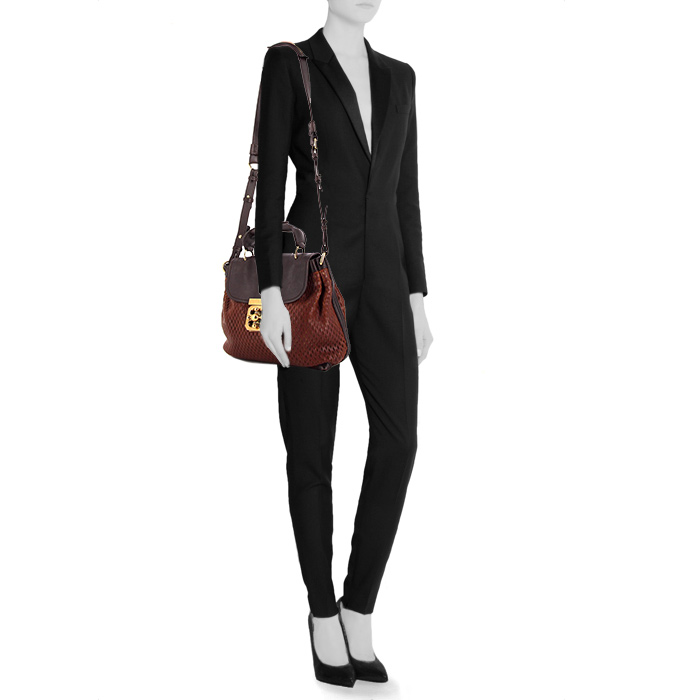 Shoulder bag in cognac leather and dark brown grained leather - Detail D1