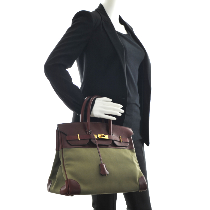 Hermès Birkin 35 cm in khaki canvas and burgundy leather - Detail D1