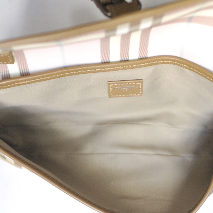 Small handbag in pink Haymarket canvas and taupe leather - Detail D2