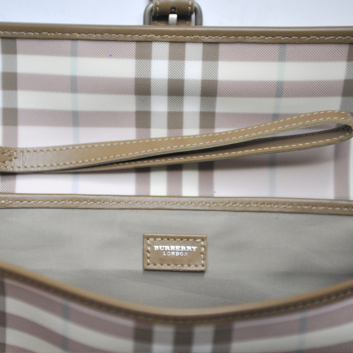 Small handbag in pink Haymarket canvas and taupe leather - Detail D4