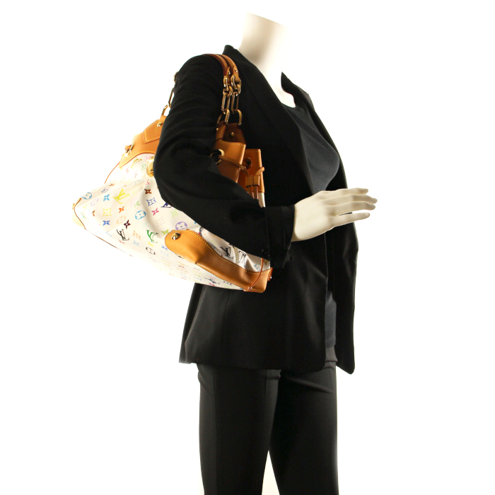 Bolso de mano Louis Vuitton Ursula en lona Monogram revestida multicolor blanca y cuero natural - Detail D1