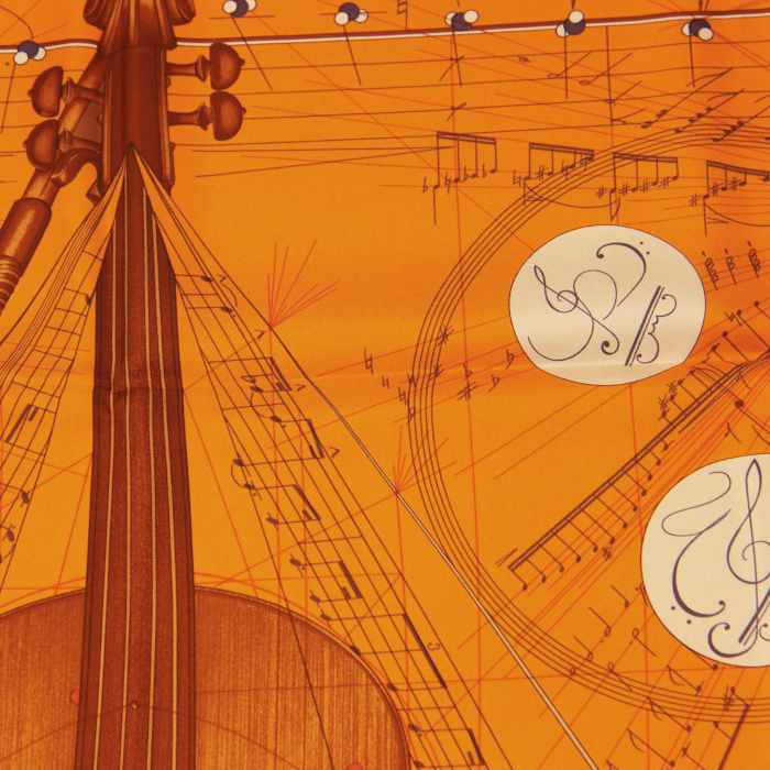 Hermès carré La musique des sphères en twill de soie orange - Detail D1
