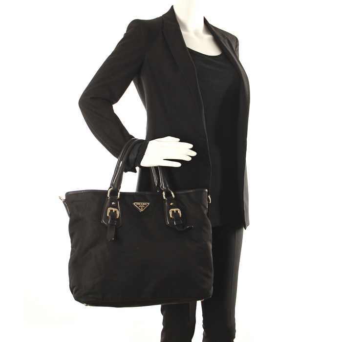 Shopping bag in tela e pelle nera - Detail D1