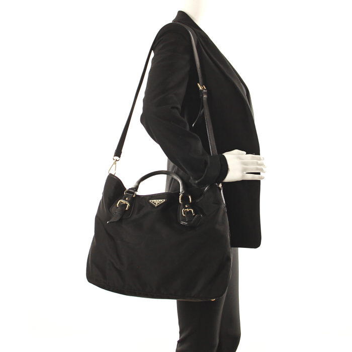 Shopping bag in tela e pelle nera - Detail D2