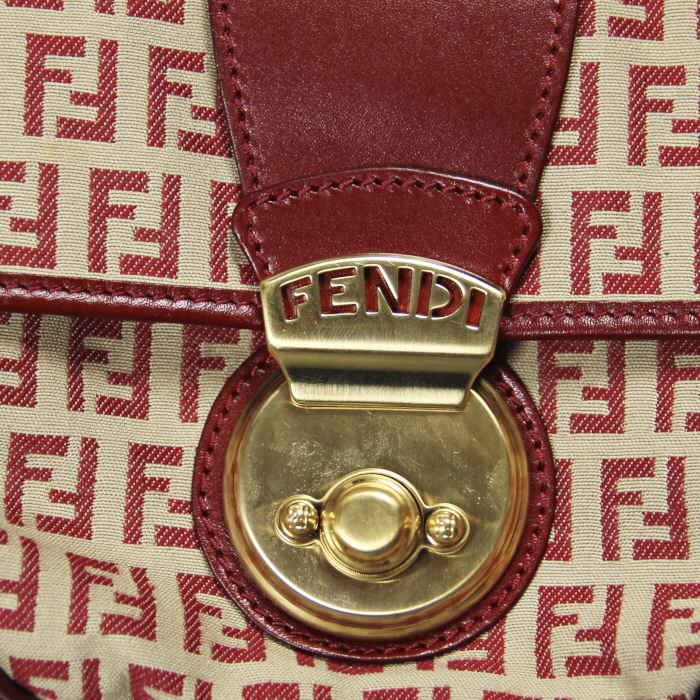 Sac à main Fendi Zucca en toile monogram beige et cuir rouge - Detail D4