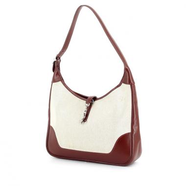 Bolso de mano Hermes Trim en lona beige y cuero marrón chocolate