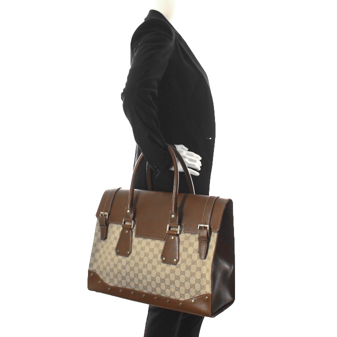Gucci in beige monogramm canvas and brown leather - Detail D1
