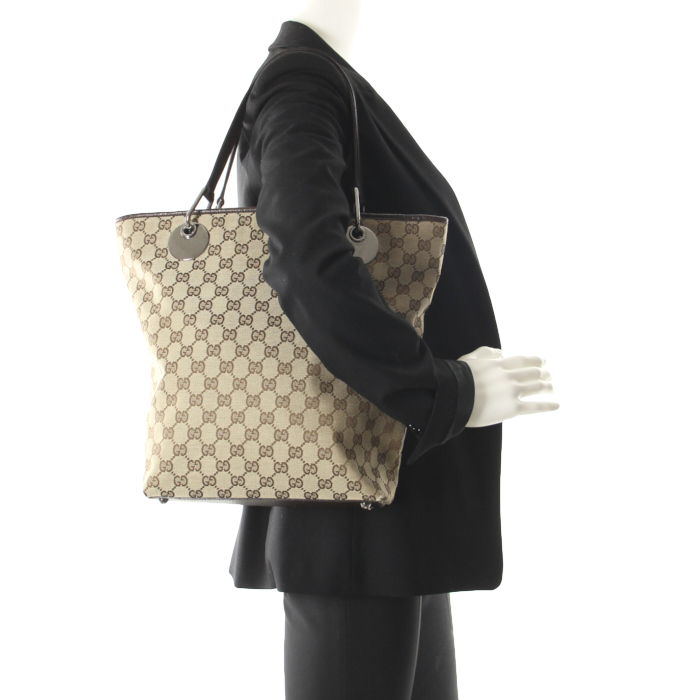 Shopping bag in beige monogram canvas and brown leather - Detail D1