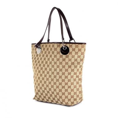 Shopping bag in tela monogram beige e pelle marrone