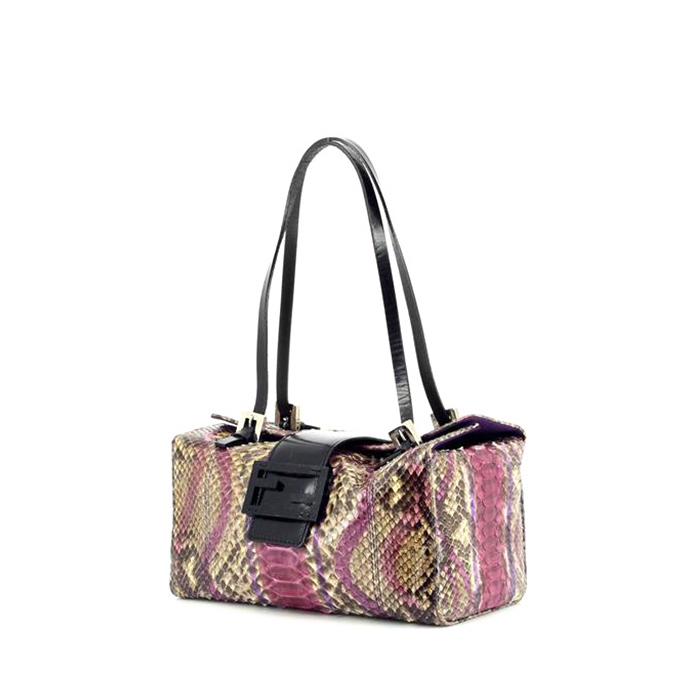 Sac à main Fendi en python violet et beige et cuir vernis noir
