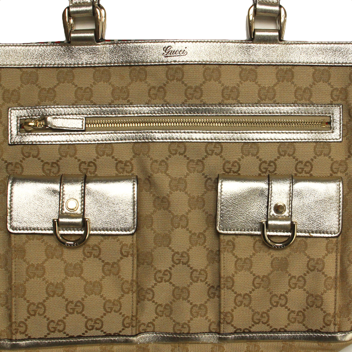 Shopping bag in tela monogram beige e pelle argentata - Detail D5