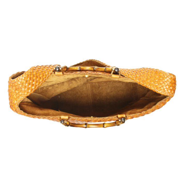 Borsa Gucci Bamboo in pelle intrecciata color cognac - Detail D3