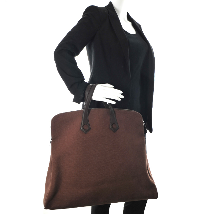 Hermes bolsa de viaje Heeboo en lona color burdeos y cuero marrón - Detail D1