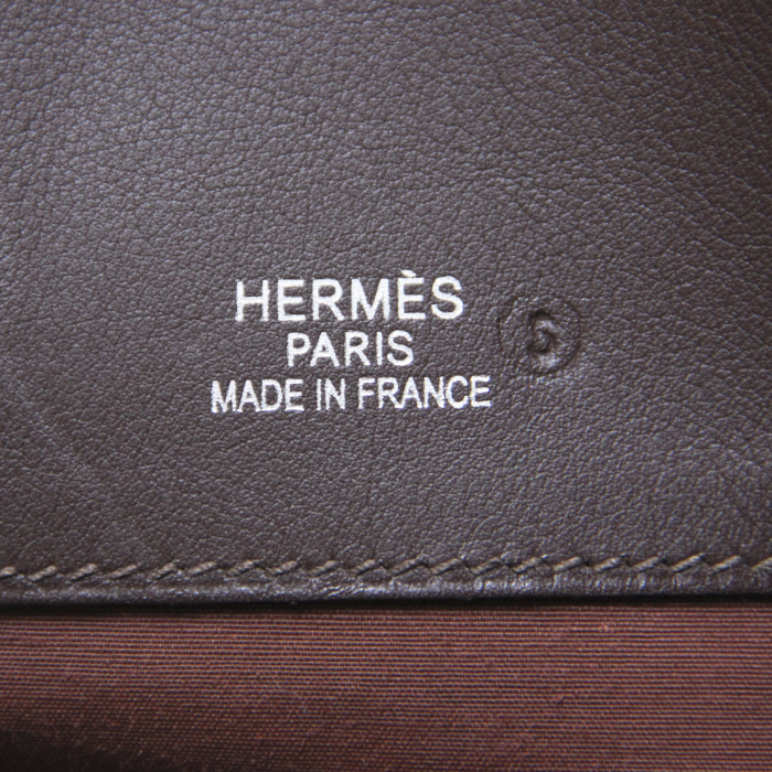 Hermes bolsa de viaje Heeboo en lona color burdeos y cuero marrón - Detail D3