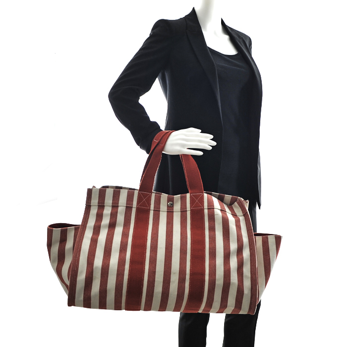 Hermès Cannes en toile rayée rouge et blanche - Detail D1