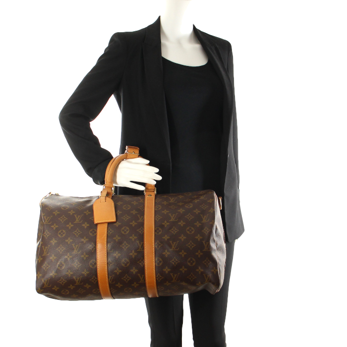 Louis Vuitton Keepall 45 cm bandoulière en toile monogram et cuir naturel - Detail D1