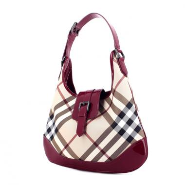 Burberry in Haymarket canvas and burgundy patent leather 