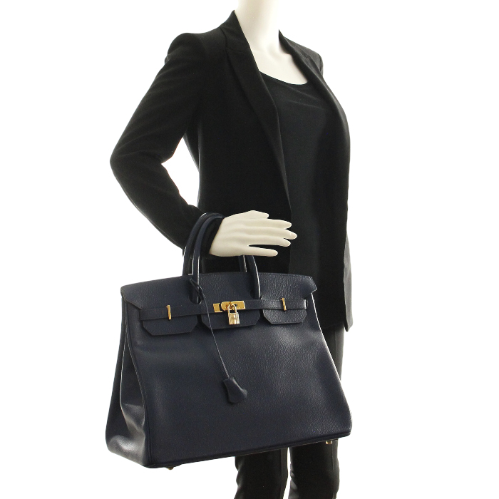 Bolso de mano Birkin 40 cm en cuero azul - Detail D1