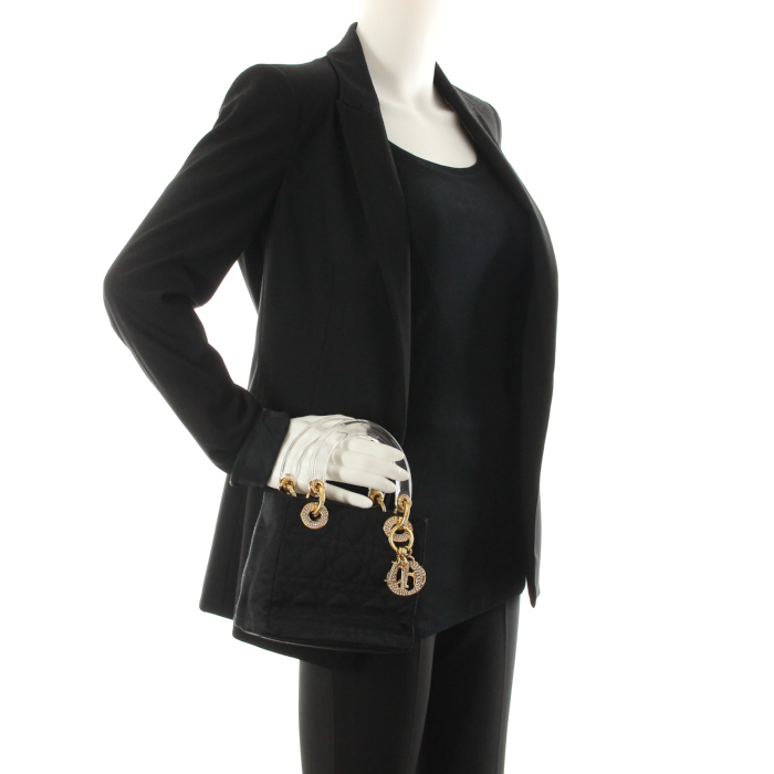 Christian Dior Mini Lady Dior model in black cannage canvas - Detail D1