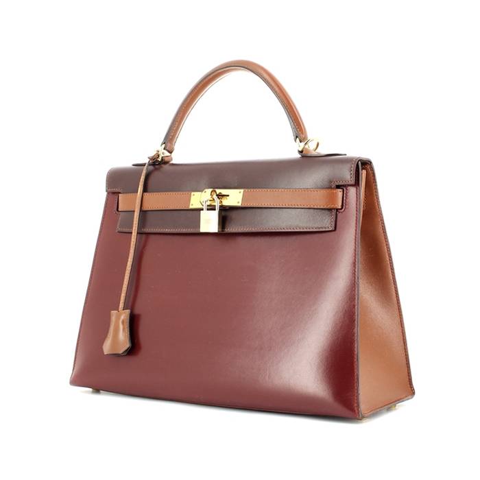 Hermès Kelly 32 cm en cuir tricolore acajou, brun foncé et brun clair