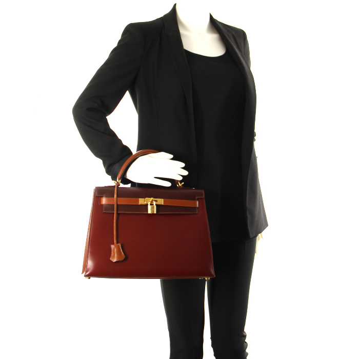 Hermès Kelly 32 cm in Tricolor Mahogany-leather  - Detail D1