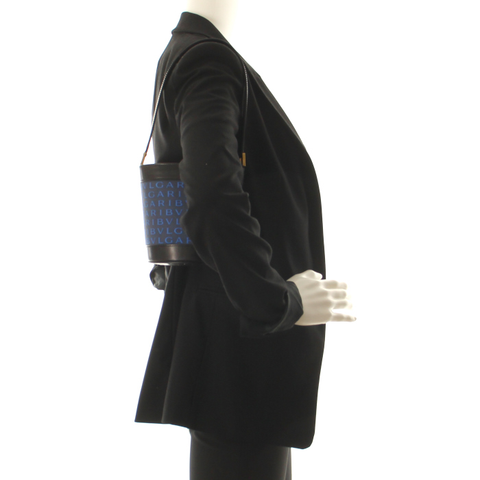 Borsa a secchiello in tessuto siglato blu e pelle nera - Detail D1