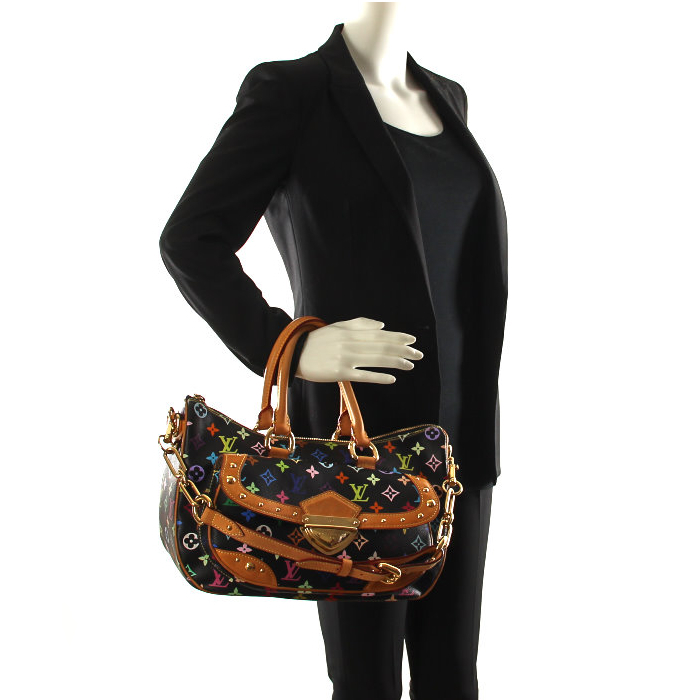 Louis Vuitton Rita en toile monogram multicolore noire et cuir naturel - Detail D2