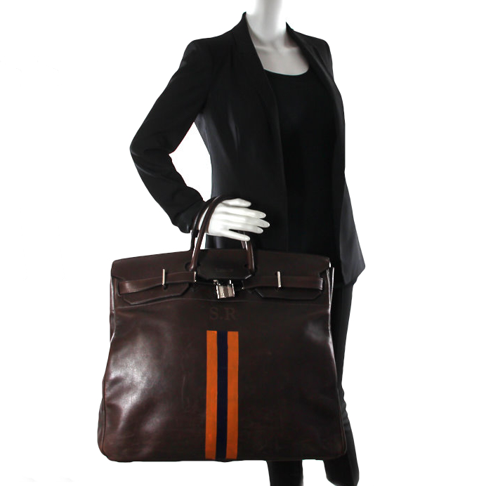 Hermes sac de voyage Haut à Courroies en cuir marron orange et bleu - Detail D1