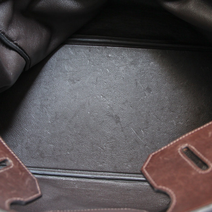 Borsa da viaggio Hermes Haut à Courroies in pelle marrone arancione e blu - Detail D2