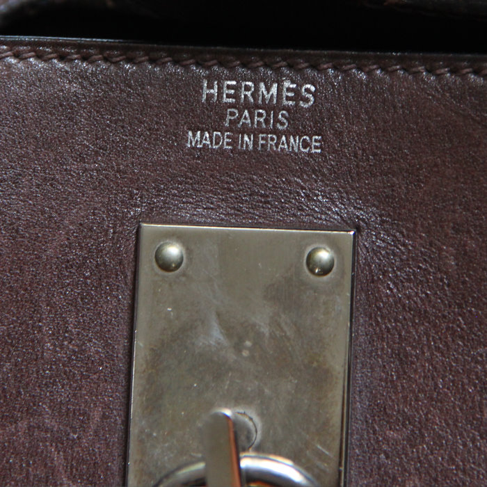 Borsa da viaggio Hermes Haut à Courroies in pelle marrone arancione e blu - Detail D3