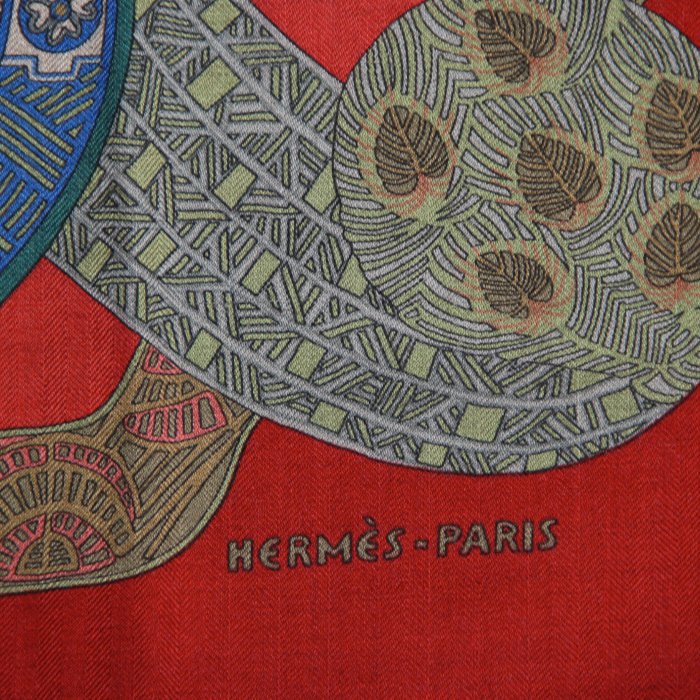 Hermès carré Art des steppes en twill de soie et cachemire rouge - Detail D1
