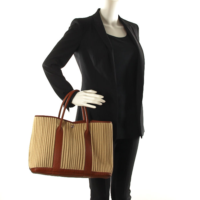 Hermès Garden Party in beige cotelet canvas and brown leather - Detail D2