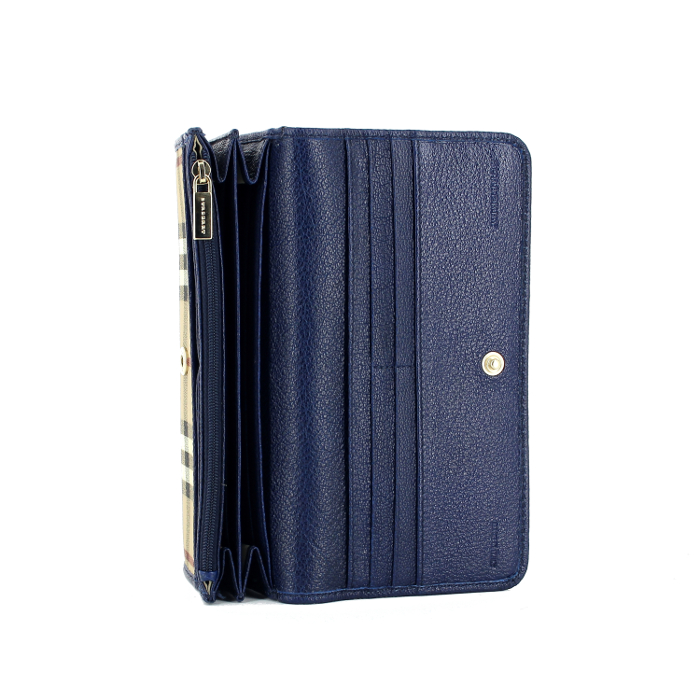 Burberry portefeuille en toile Haymarket beige et cuir bleu - Detail D1