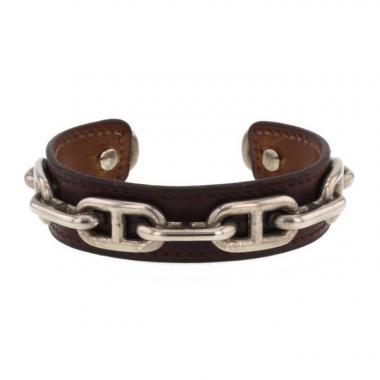Hermès bracelet en cuir marron et chaine en métal argenté