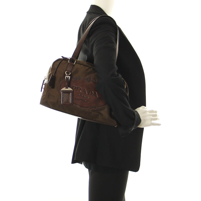 Borsa Prada autres sacs et maroquinerie in tela verde kaki e pelle marrone - Detail D1