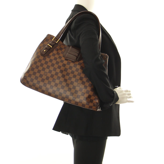 Louis Vuitton Griet en toile damier ébène et cuir marron - Detail D1