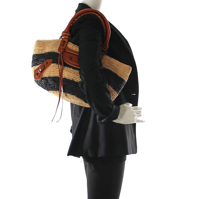 Balenciaga en raffia rayé beige/noir et cuir marron - Detail D1