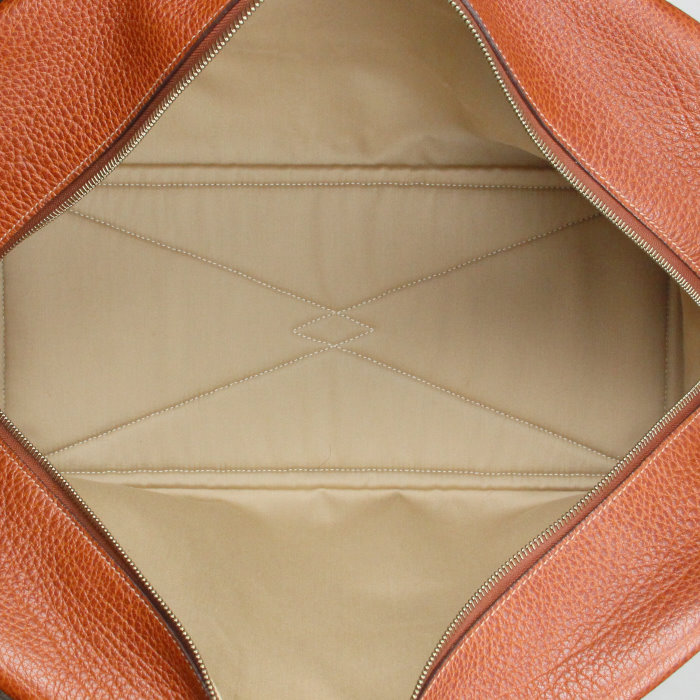 Borsa da viaggio Hermes Victoria in pelle togo marrone e tela beige - Detail D2