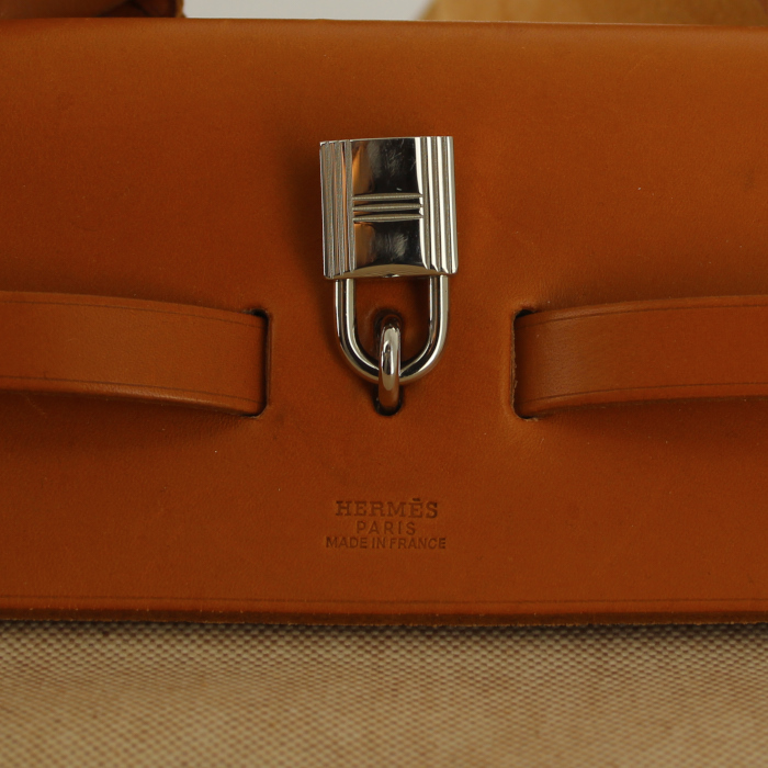 Hermès Herbag de voyage en toile beige et cuir naturel - Detail D3