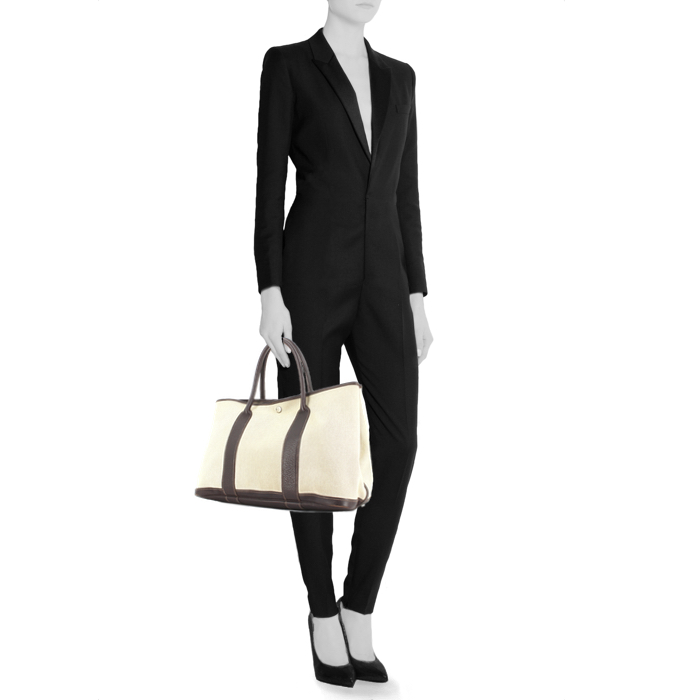 Borsa Hermes Garden modello medio in tela beige e pelle marrone - Detail D1