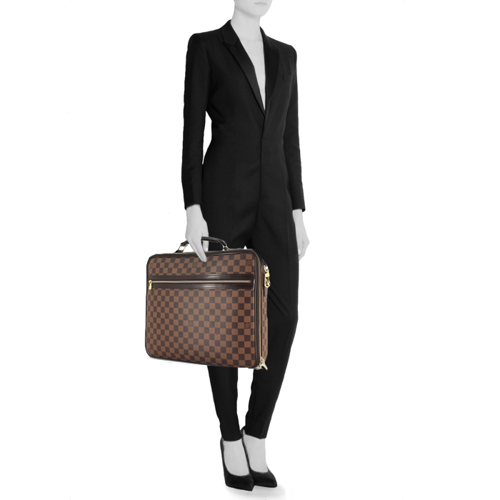 Louis Vuitton Sabana en toile damier ébène et cuir marron - Detail D2