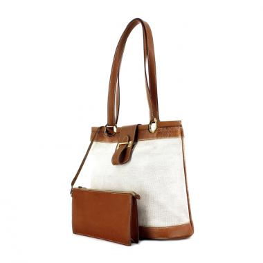 Handbag in beige canvas and gold leather