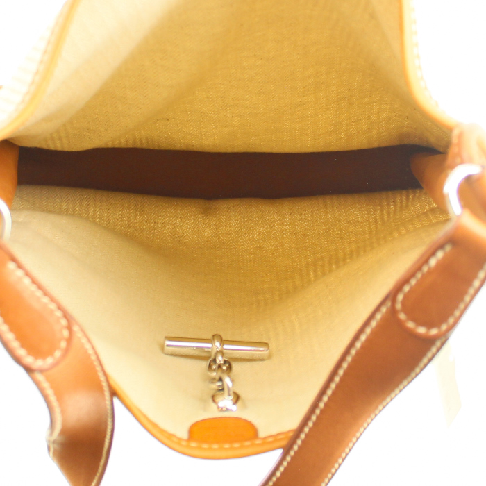 Borsa a spalla Hermes Vespa in crine di cavallo intrecciato beige e pelle marrone - Detail D2