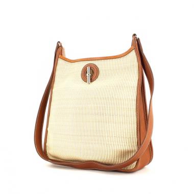 Borsa a spalla Hermes Vespa in crine di cavallo intrecciato beige e pelle marrone