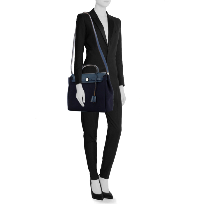 Borsa Hermes Herbag in tela e pelle blu - Detail D1