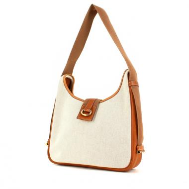 Bolso de mano en lona beige y cuero marrón